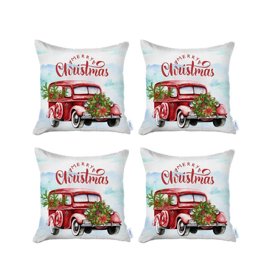 Set of 4 Merry Christmas Vintage Red Car Thow Pillow Covers