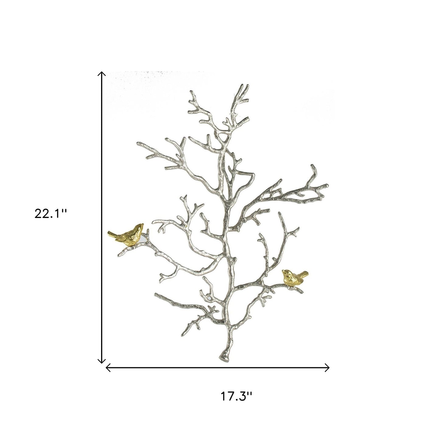 Modern 22" Silver Branch and Golden Birds Wall Art