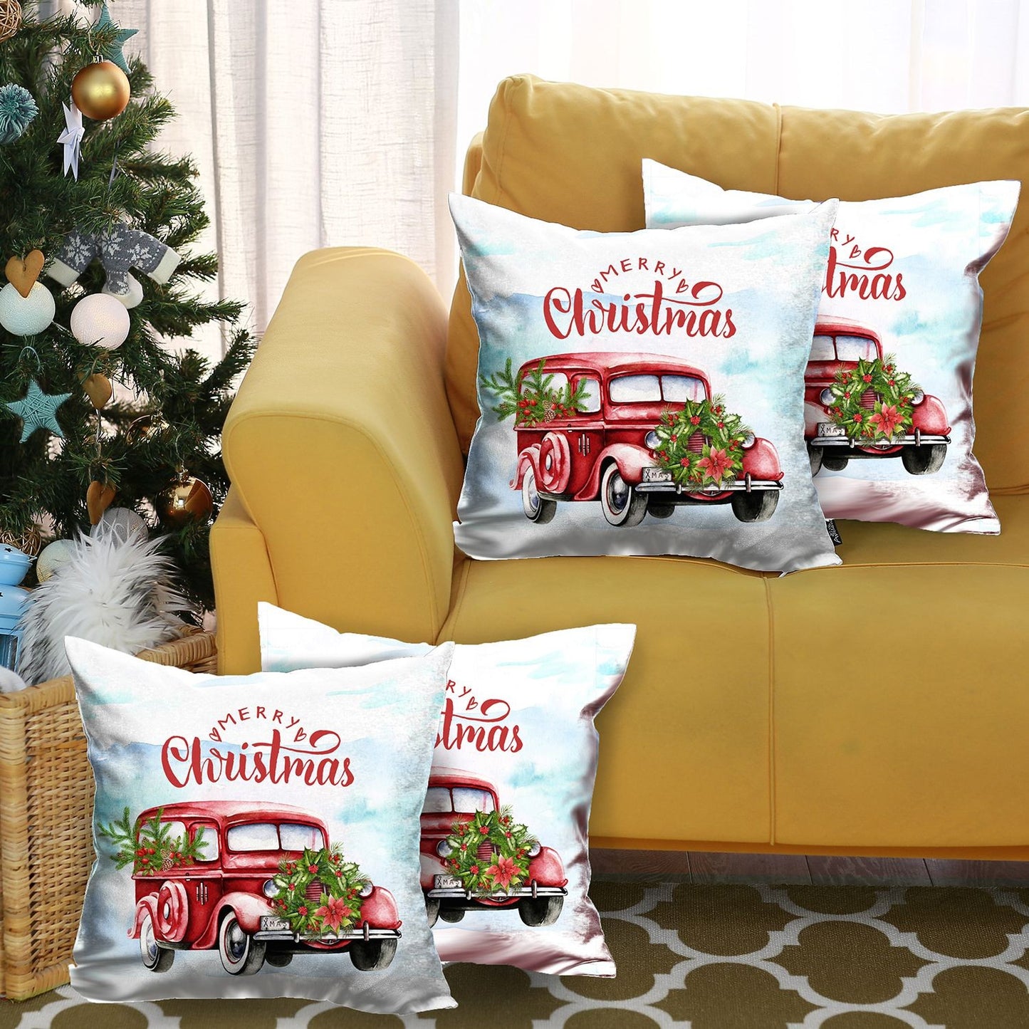 Set of 4 Merry Christmas Vintage Red Car Throw Pillows