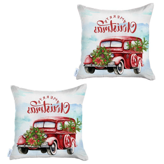 Set of 2 Merry Christmas Vintage Red Car Thow Pillow Covers