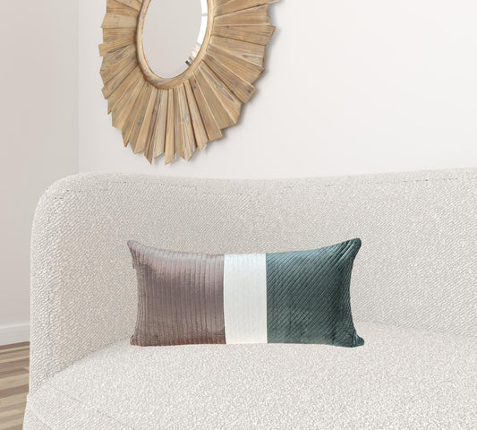 Taupe and Smokey Green Quilted Colorblock Velvet Lumbar Throw Pillow