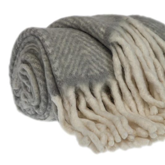 Gray And White Knitted Acrylic Abstract Reversable Throw