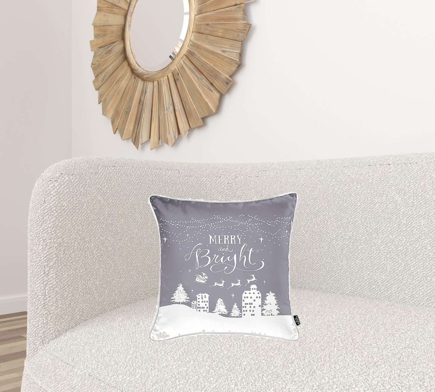 Set of Four Gray Merry Bright Christmas Throw Pillows