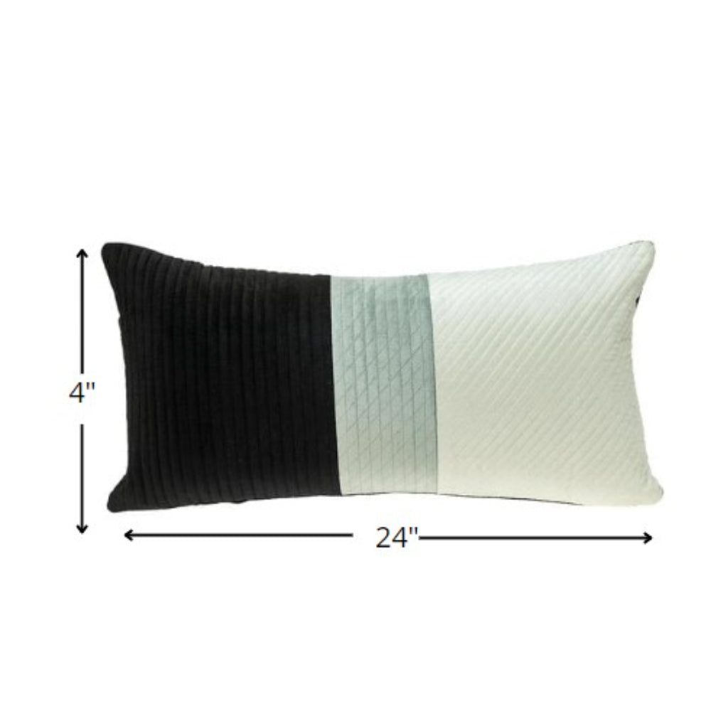 Black and White Quilted Color Block Velvet Lumbar Throw Pillow