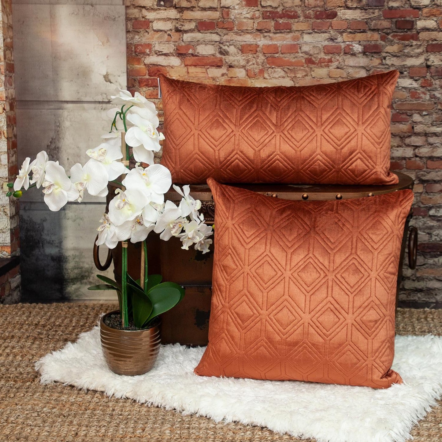 Tufted Diamonds Terra Cotta Velvet Lumbar Accent Pillow