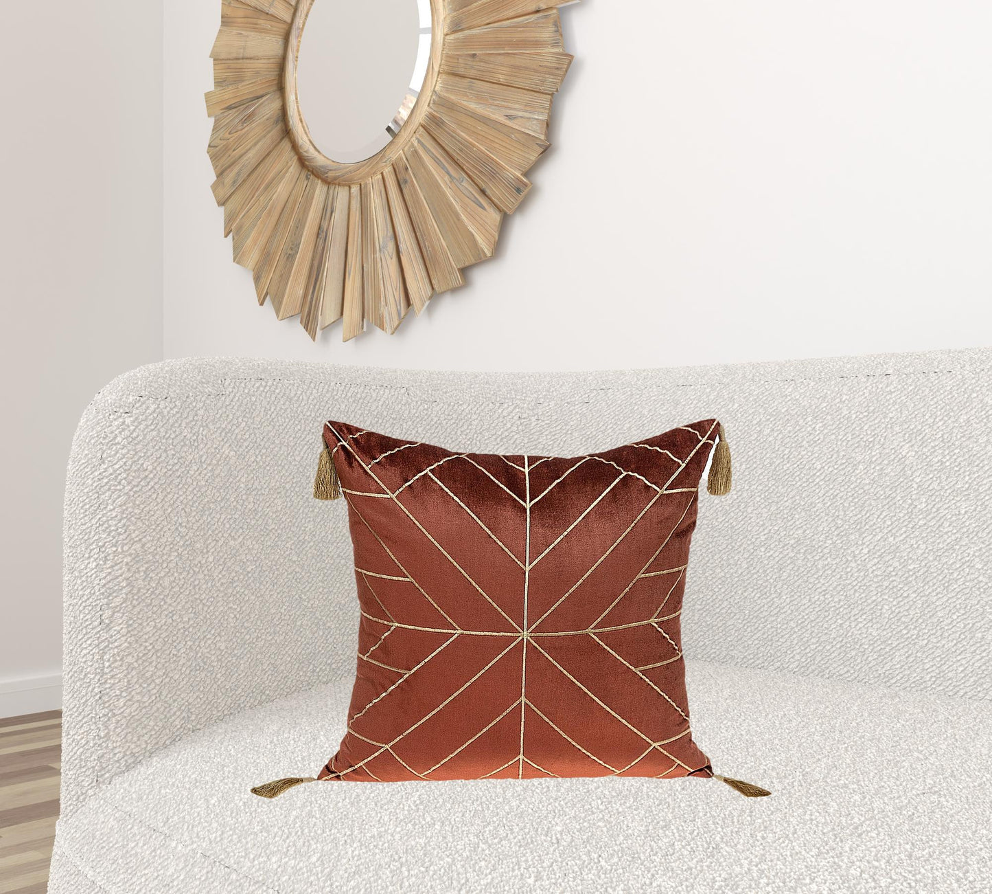 Burnt Orange and Gold Geo Velvet Throw Pillow with Gold Tassels