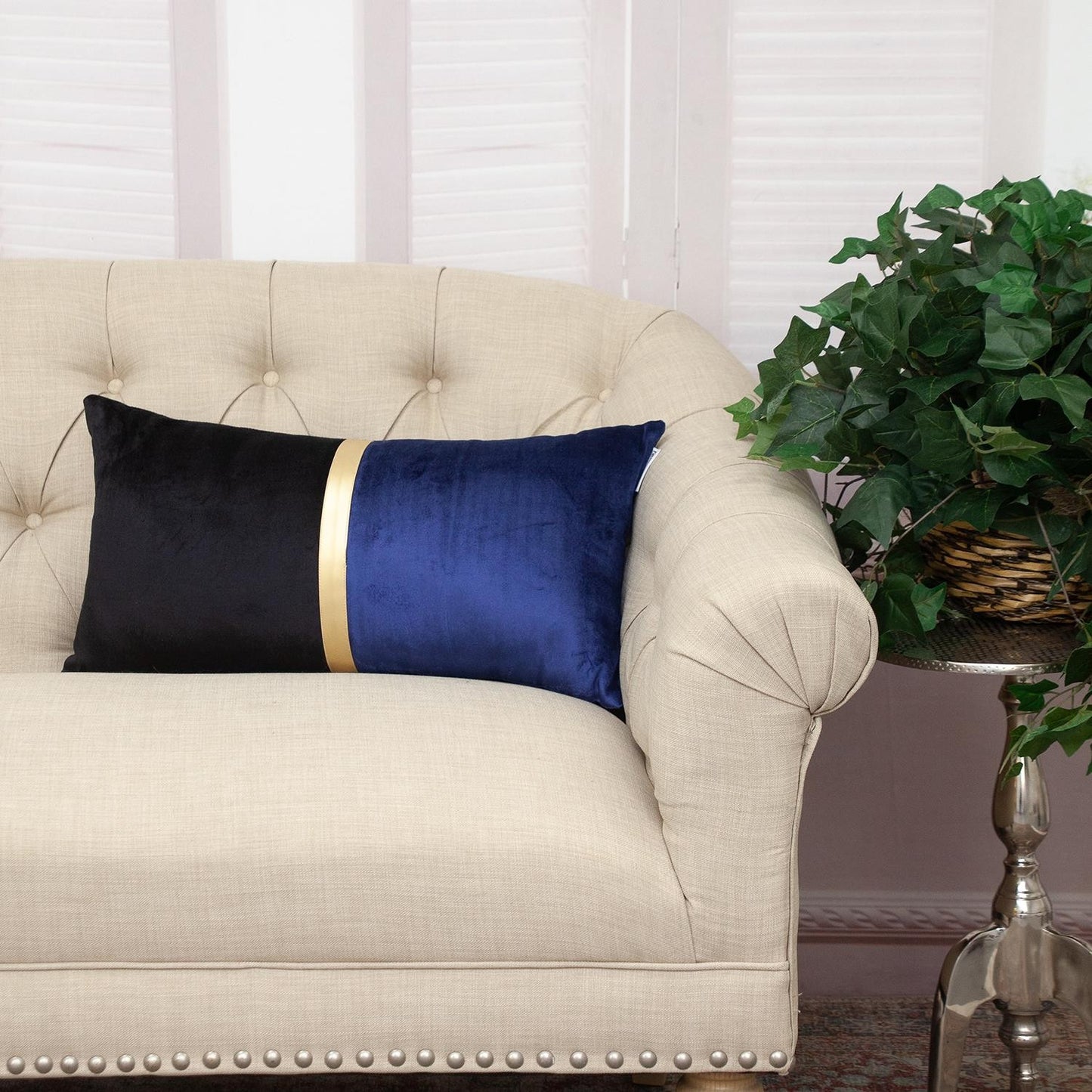 Black Gold and Blue Tufted Velvet Lumbar Pillow