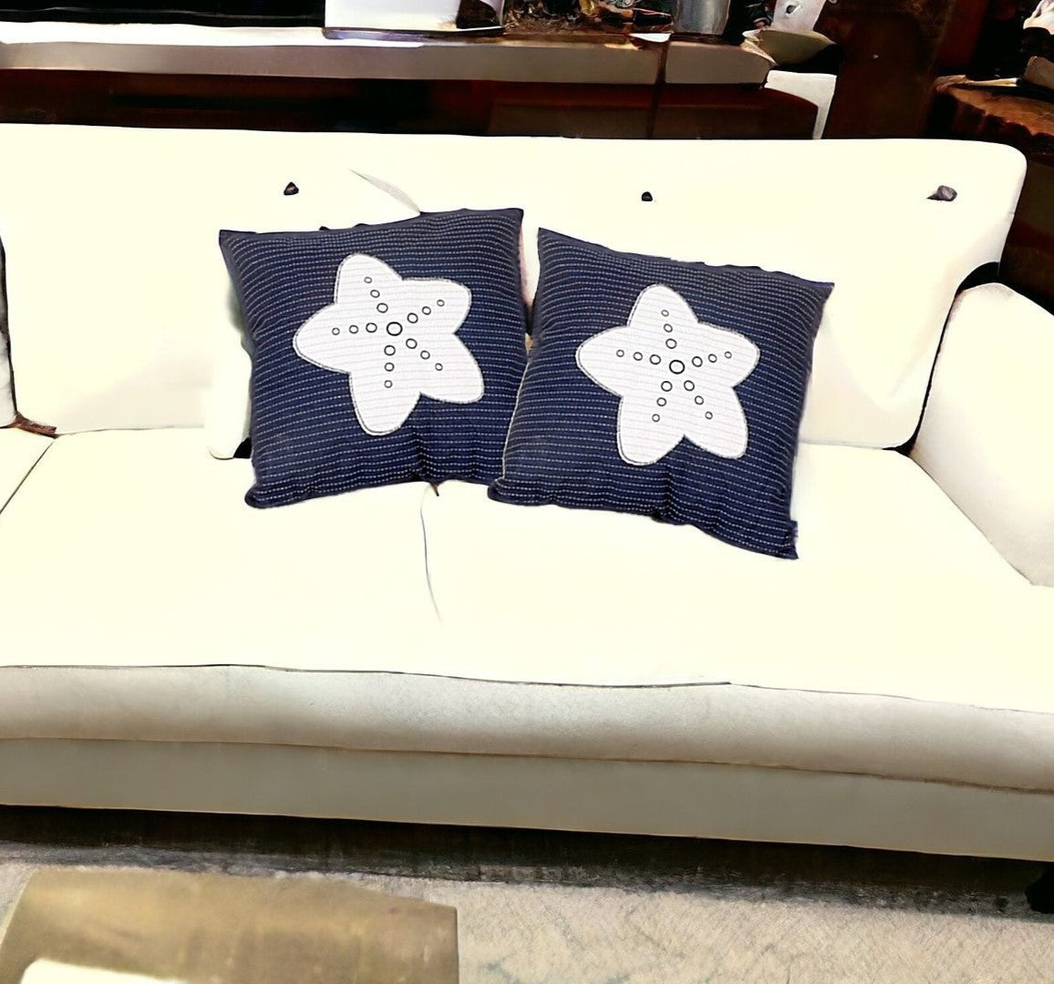 Set of Two Blue and White Starfish Throw Pillows