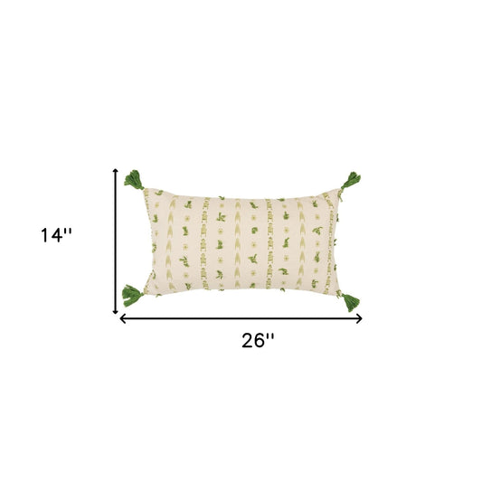Green Beige Tribal Inspired Tasseled Lumbar Pillow
