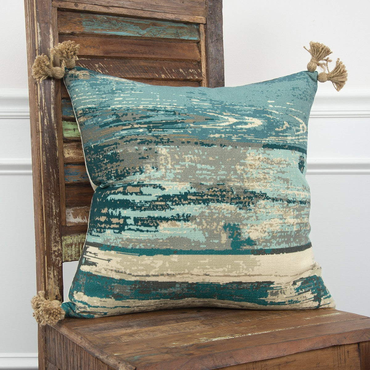 Teal Natural Abstract Tasseled Throw Pillow