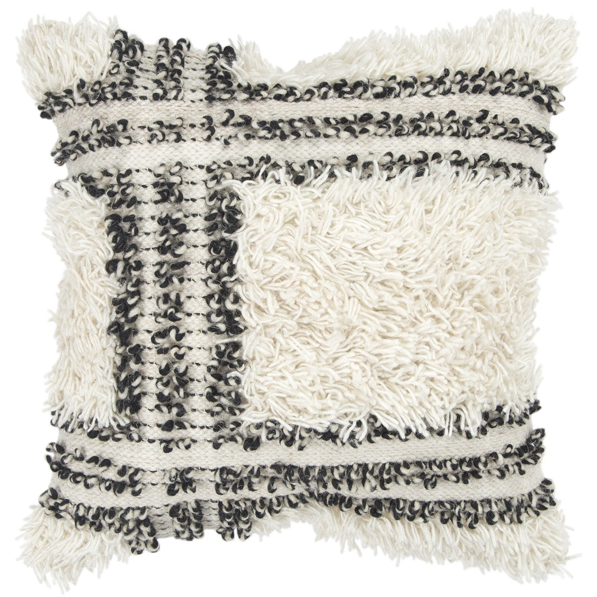 Black and Cream Plaid Super Textured Shag Throw Pillow