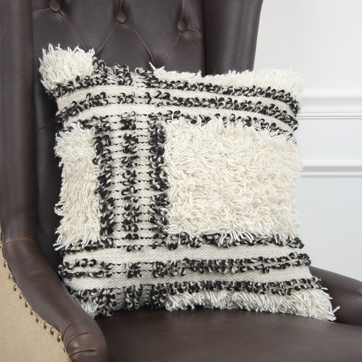 Black and Cream Plaid Super Textured Shag Throw Pillow