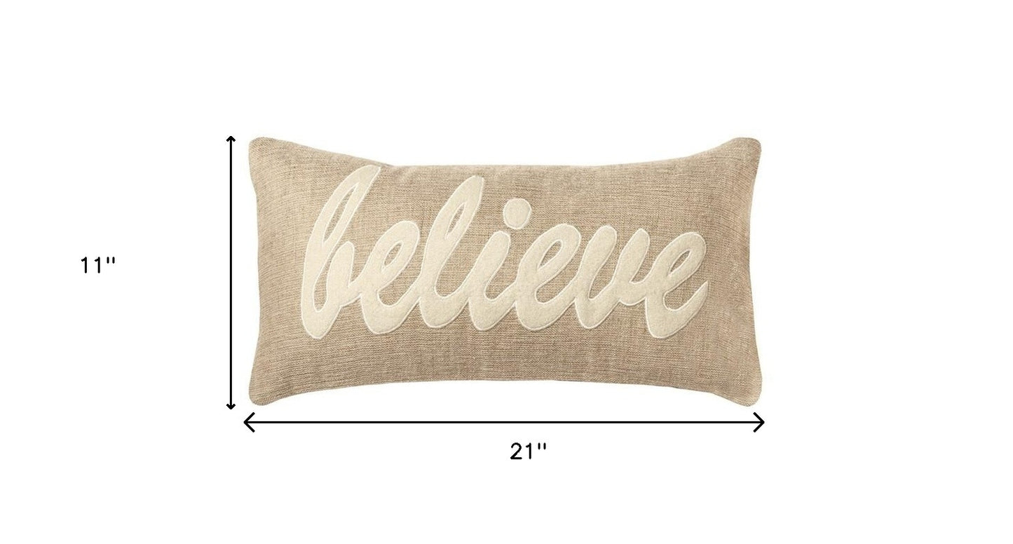 Tan Believe Felt Applique Burlap Throw Pillow