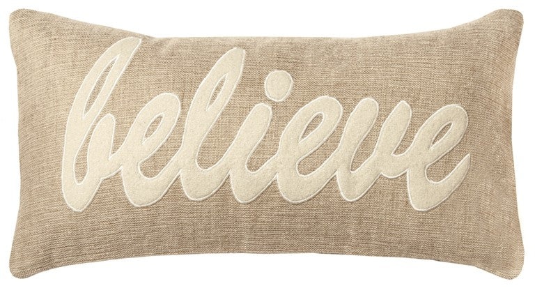 Tan Believe Felt Applique Burlap Throw Pillow