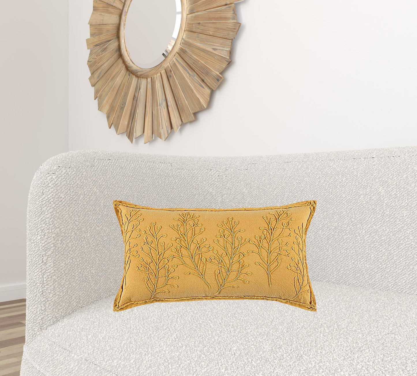 Yellow Botanical Pattern Embroidered Lumbar Pillow