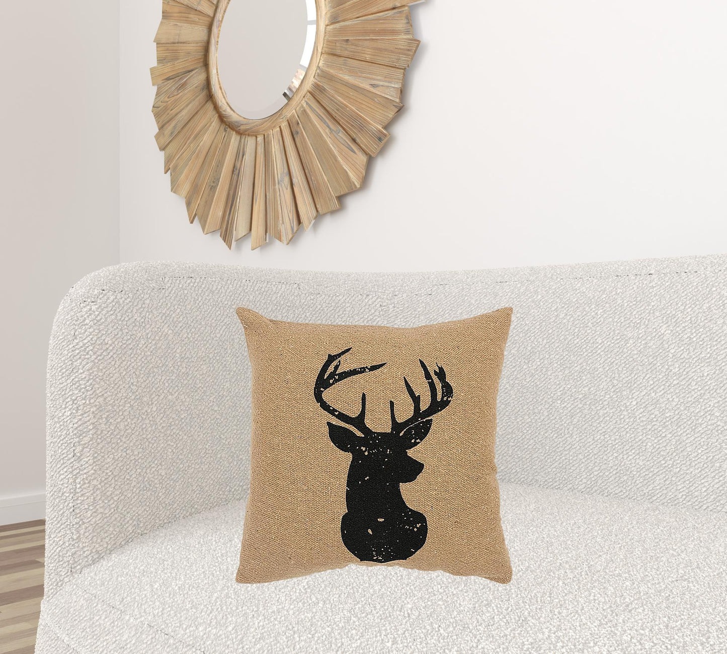 Tan Black Distressed Reindeer Throw Pillow