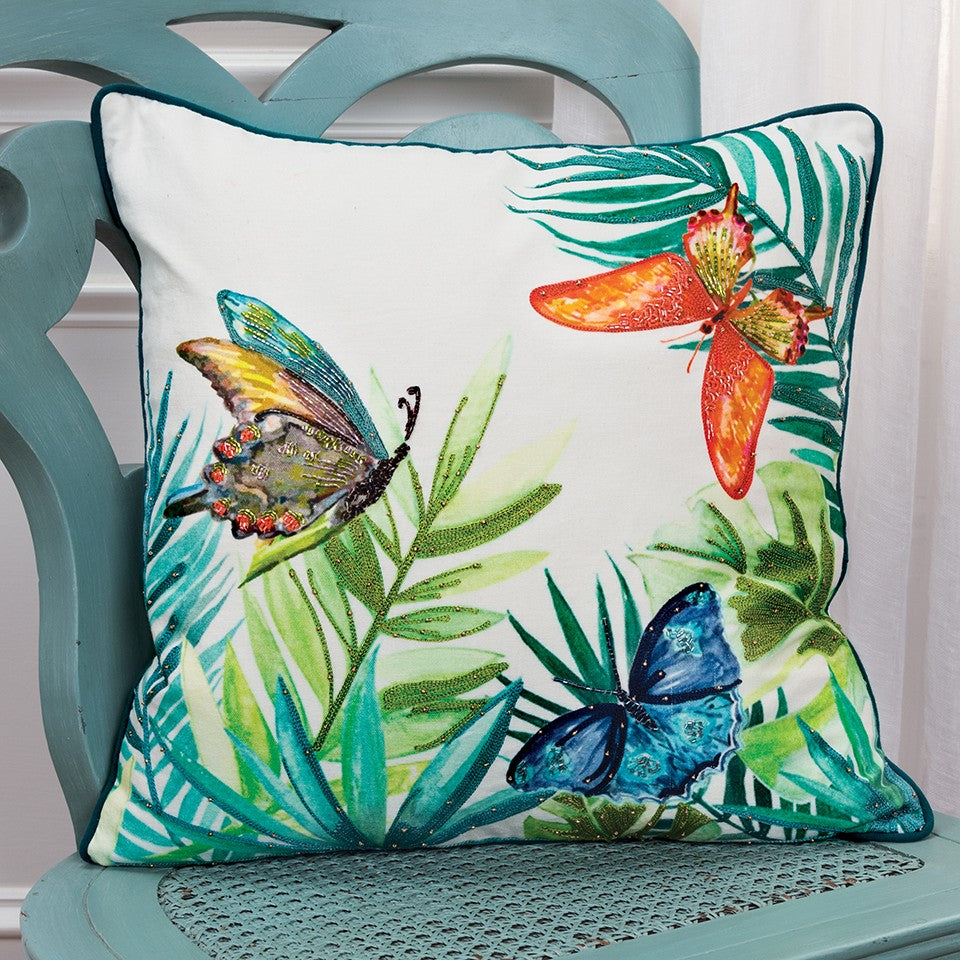 White Green Butterfly Bliss Decorative Throw Pillow