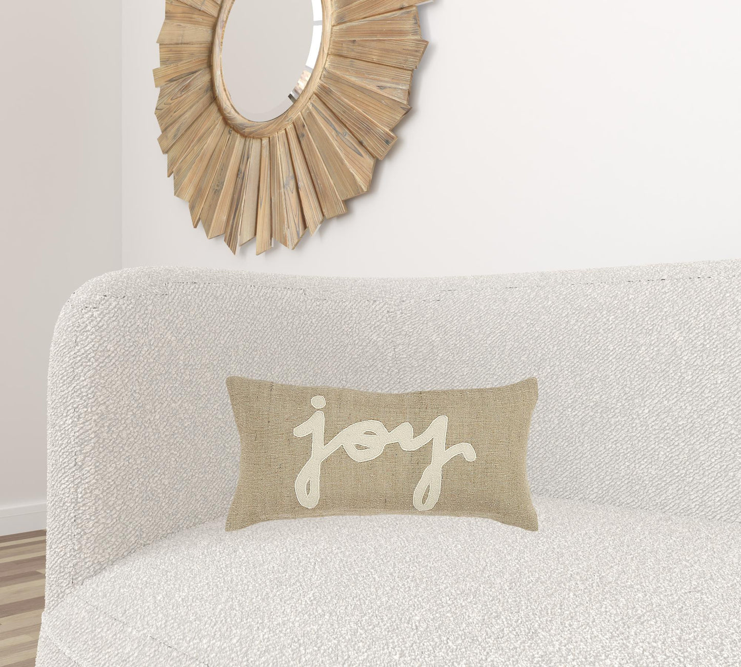 Tan Joy Felt Applique Burlap Lumbar Pillow