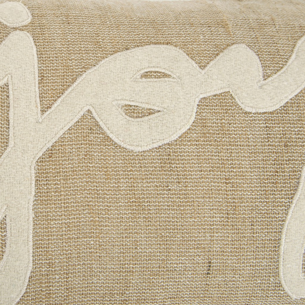 Tan Joy Felt Applique Burlap Lumbar Pillow