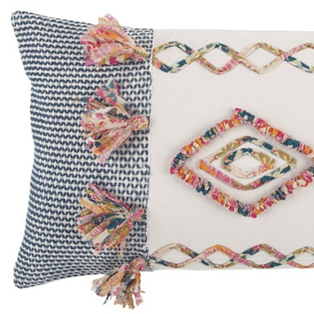 Blue White Diamond Tasseled Lumbar Pillow