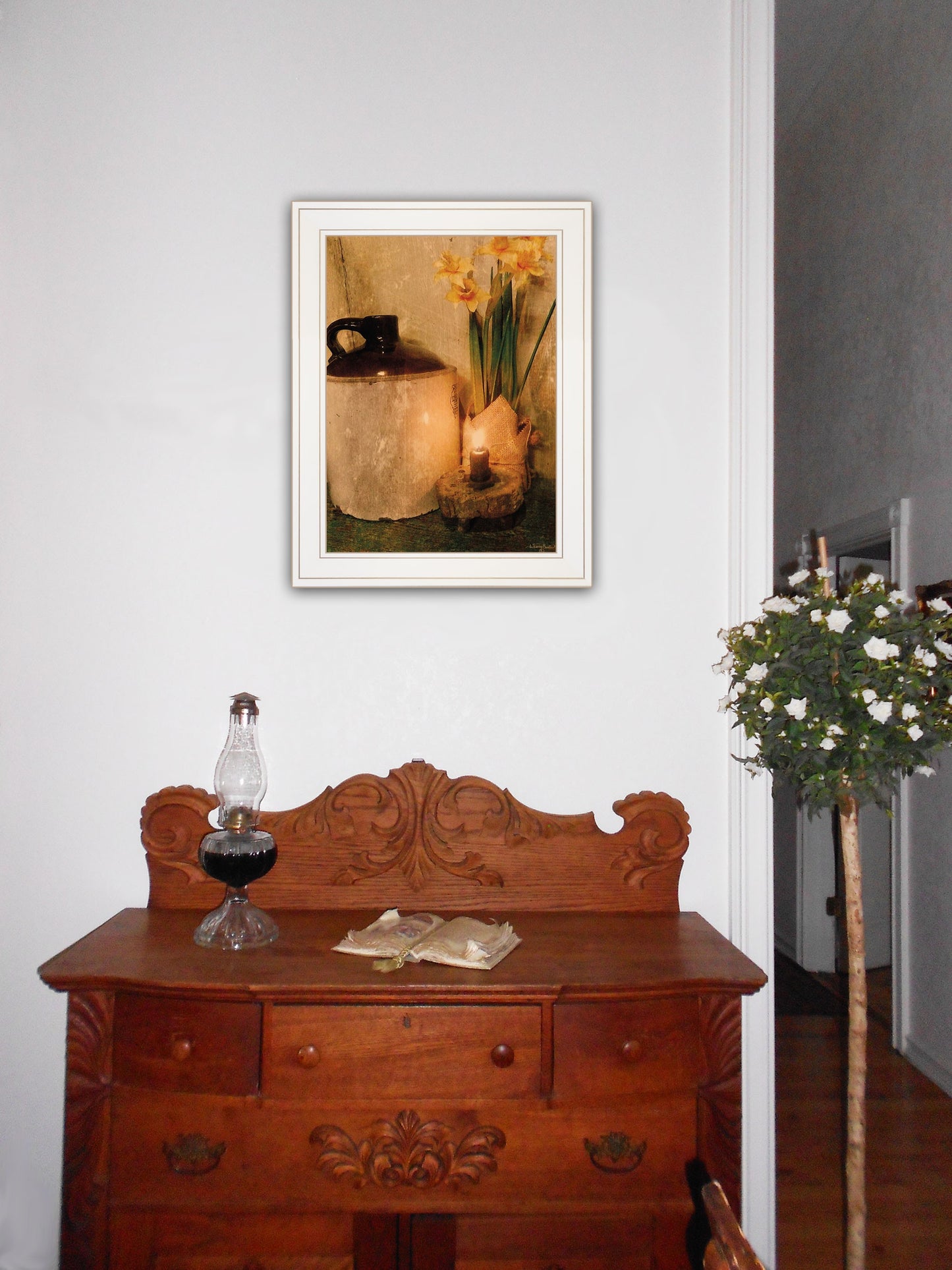 Rustic Daffodils by Candlelight White Framed Print Wall Art