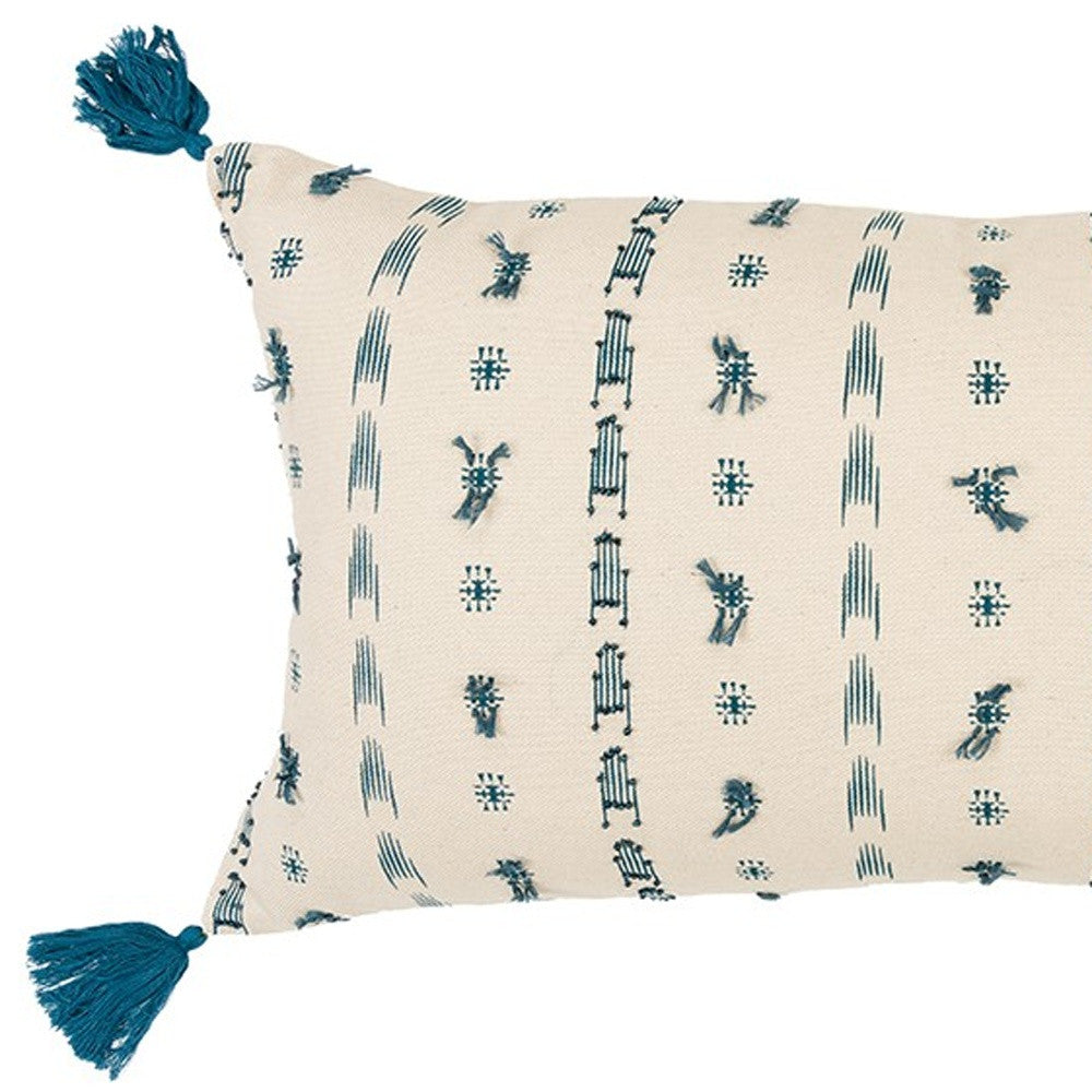 Teal Beige Tribal Inspired Tasseled Lumbar Pillow