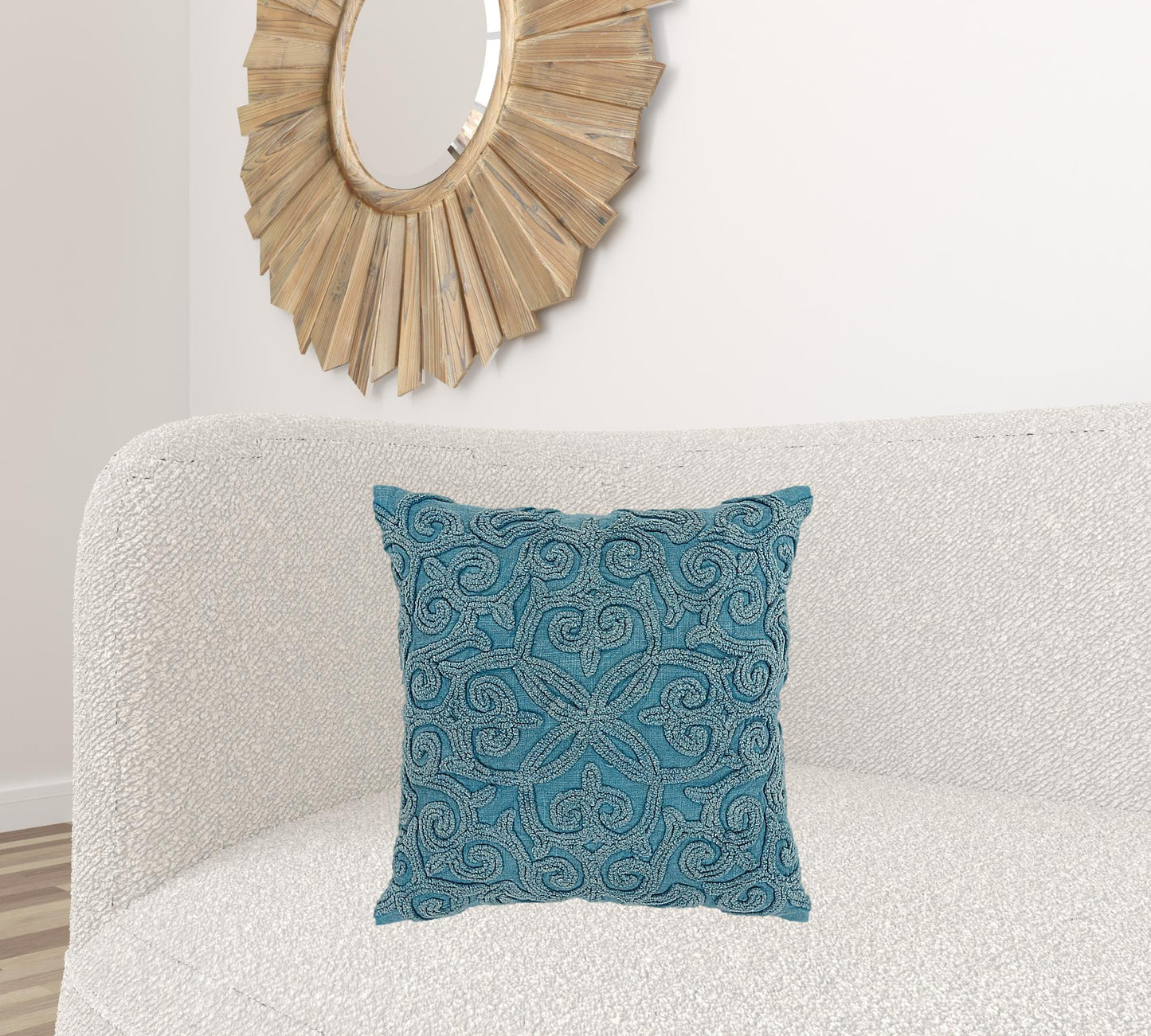 Blue Floral Patterned Heavy Textural Throw Pillow