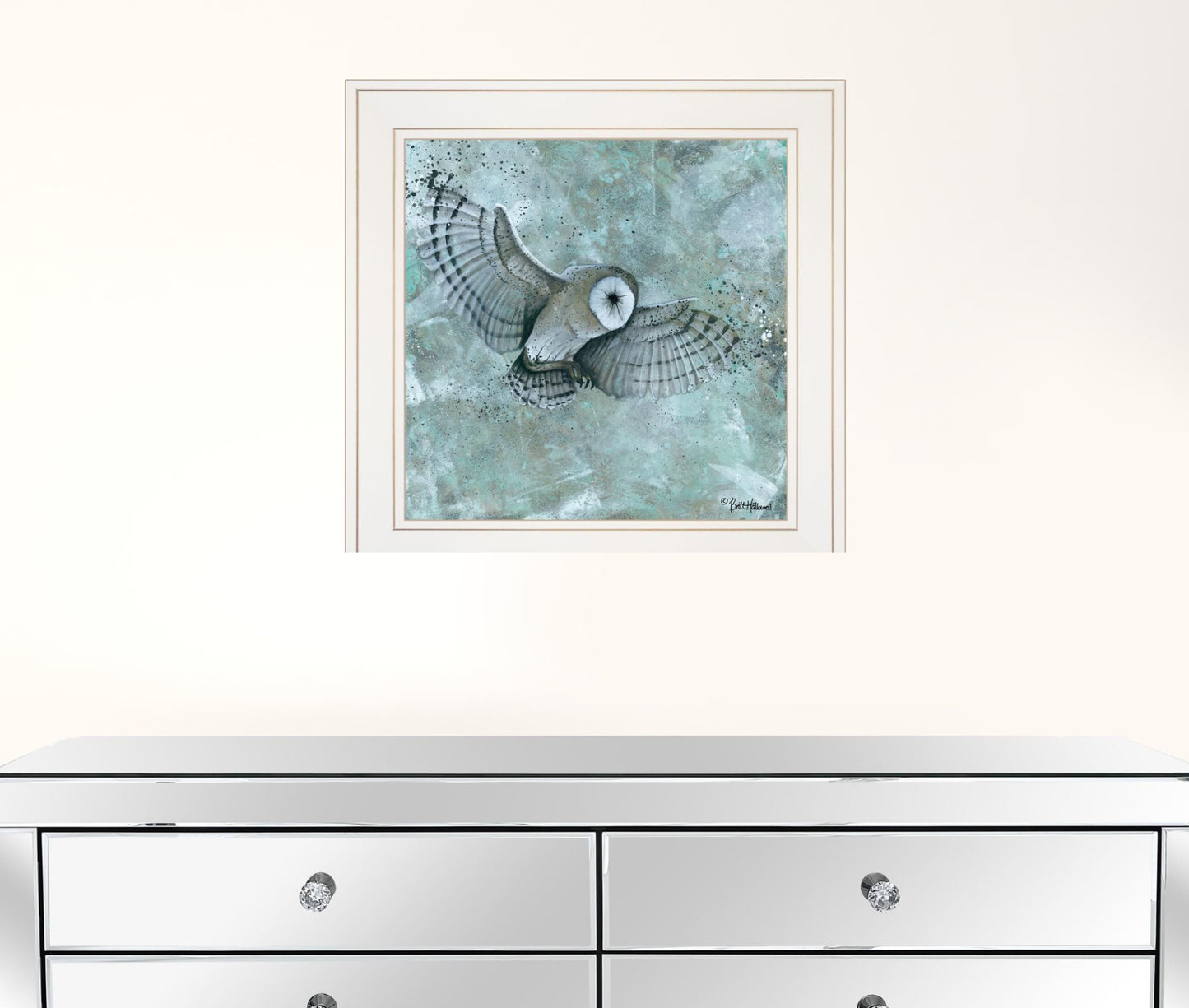 Simplicity Blue and Gray Owl White Framed Print Wall Art