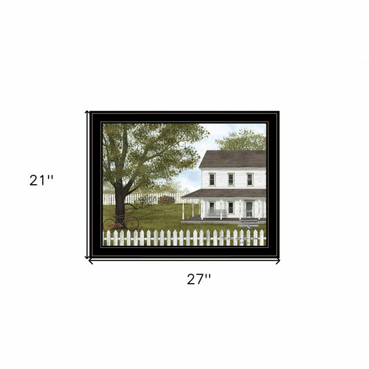 White Farmhouse with Picket Fence Black Framed Print Wall Art