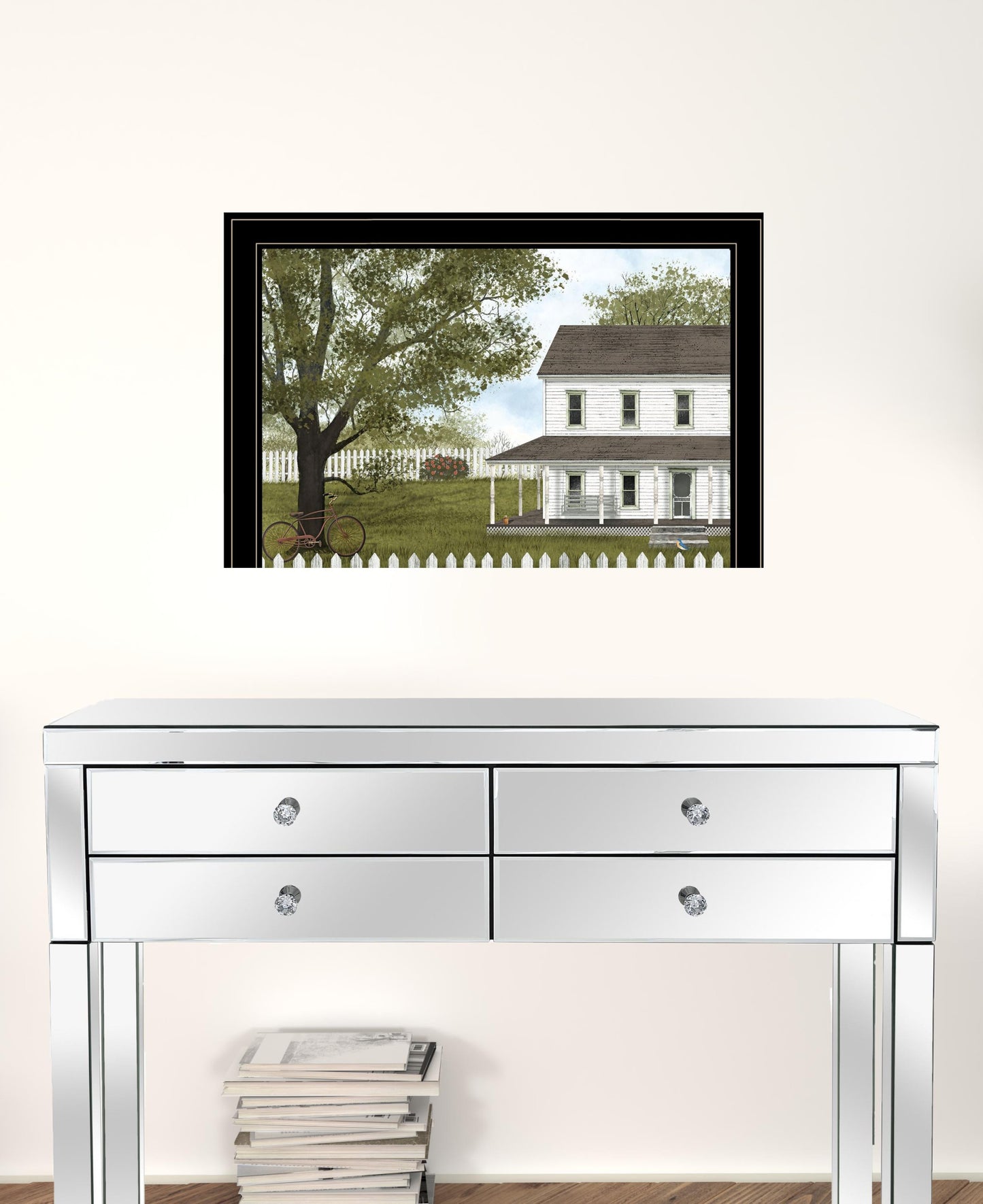 White Farmhouse with Picket Fence Black Framed Print Wall Art