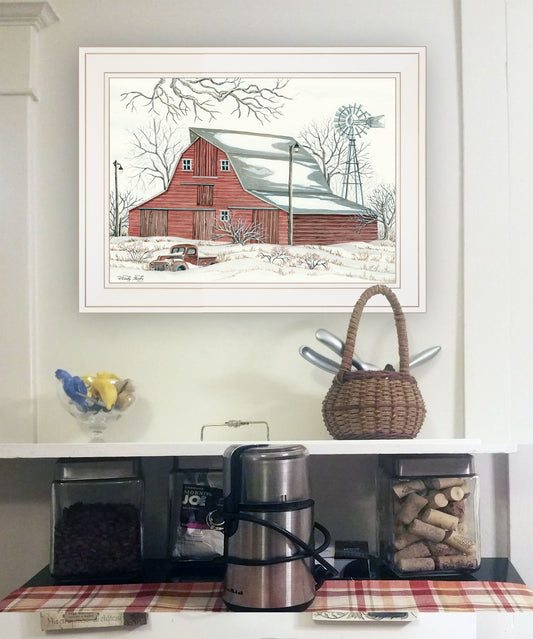 Winter Barn With Pickup Truck 1 White Framed Print Wall Art