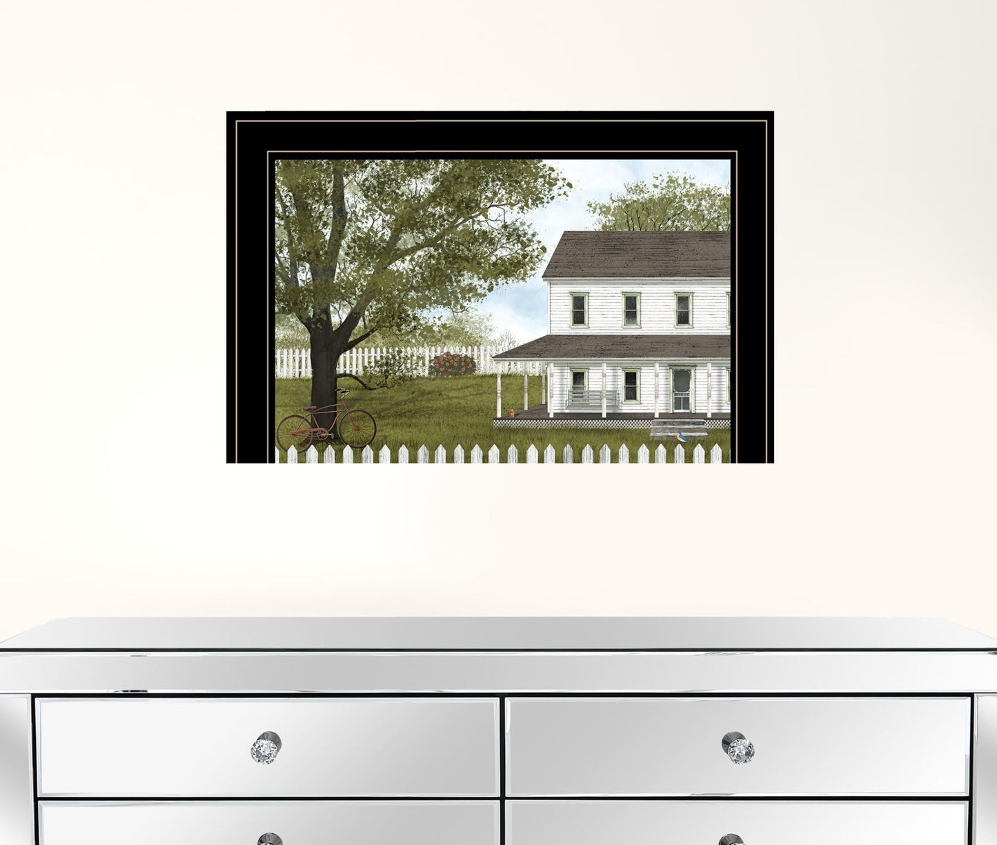 White Farmhouse with Picket Fence Black Framed Print Wall Art