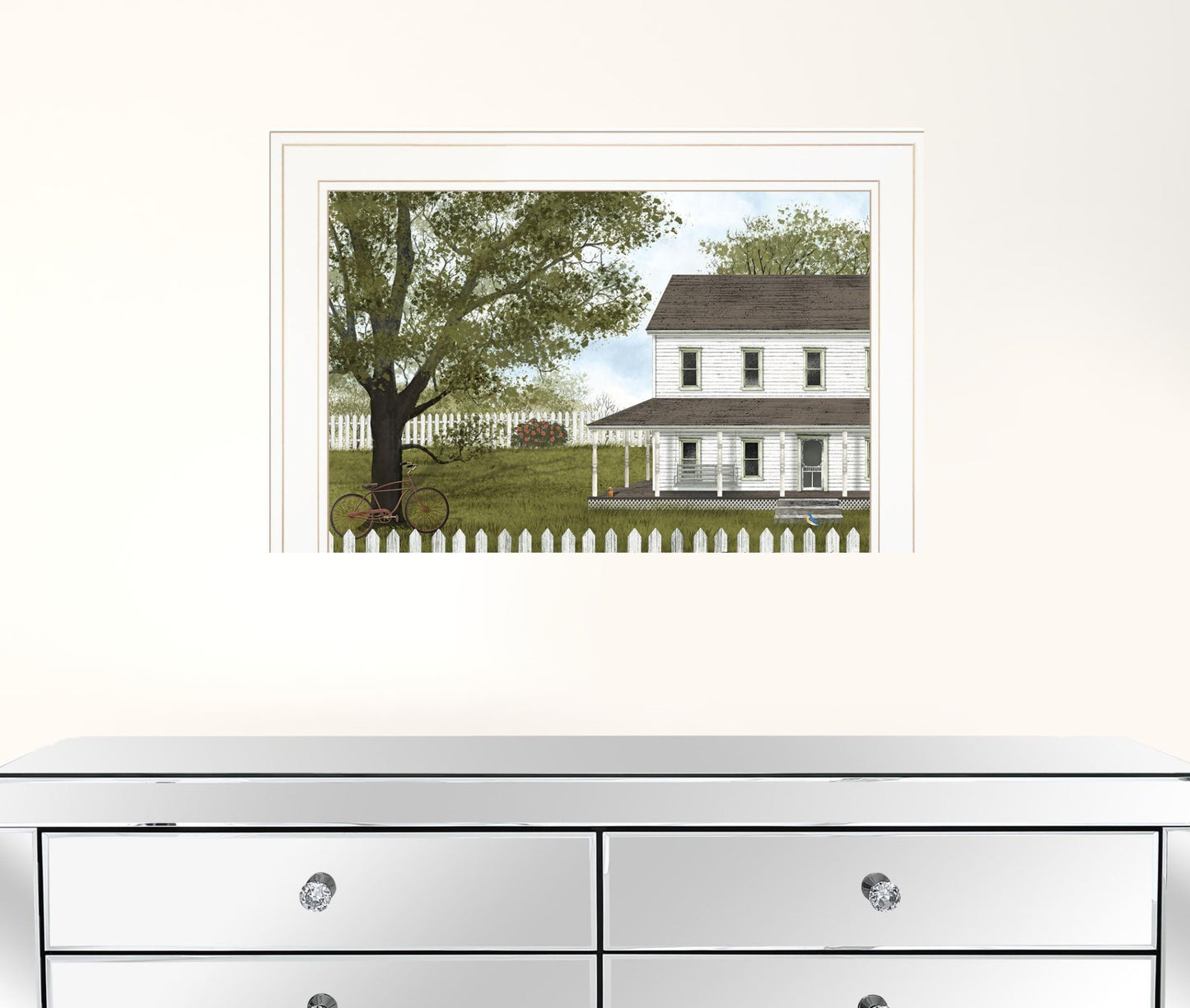 White Farmhouse with Picket Fence White Framed Print Wall Art