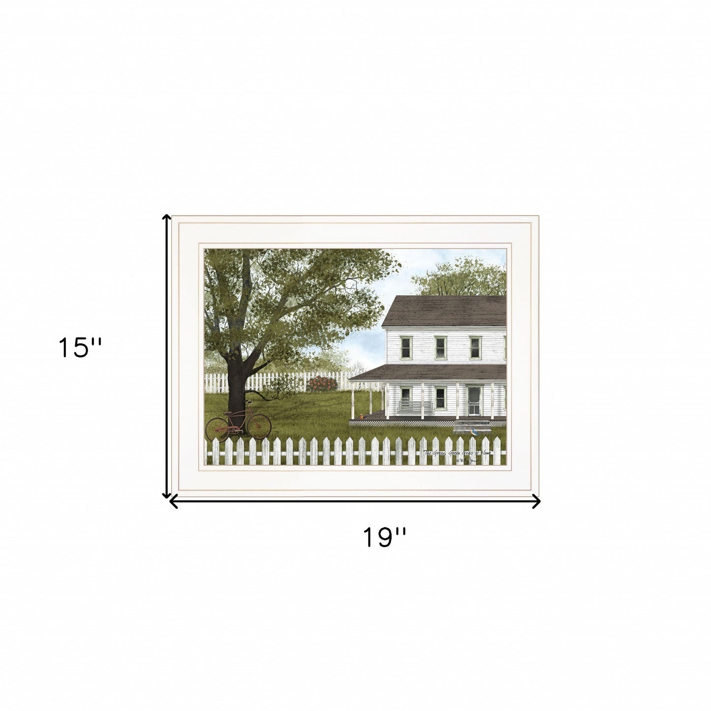 White Farmhouse with Picket Fence White Framed Print Wall Art