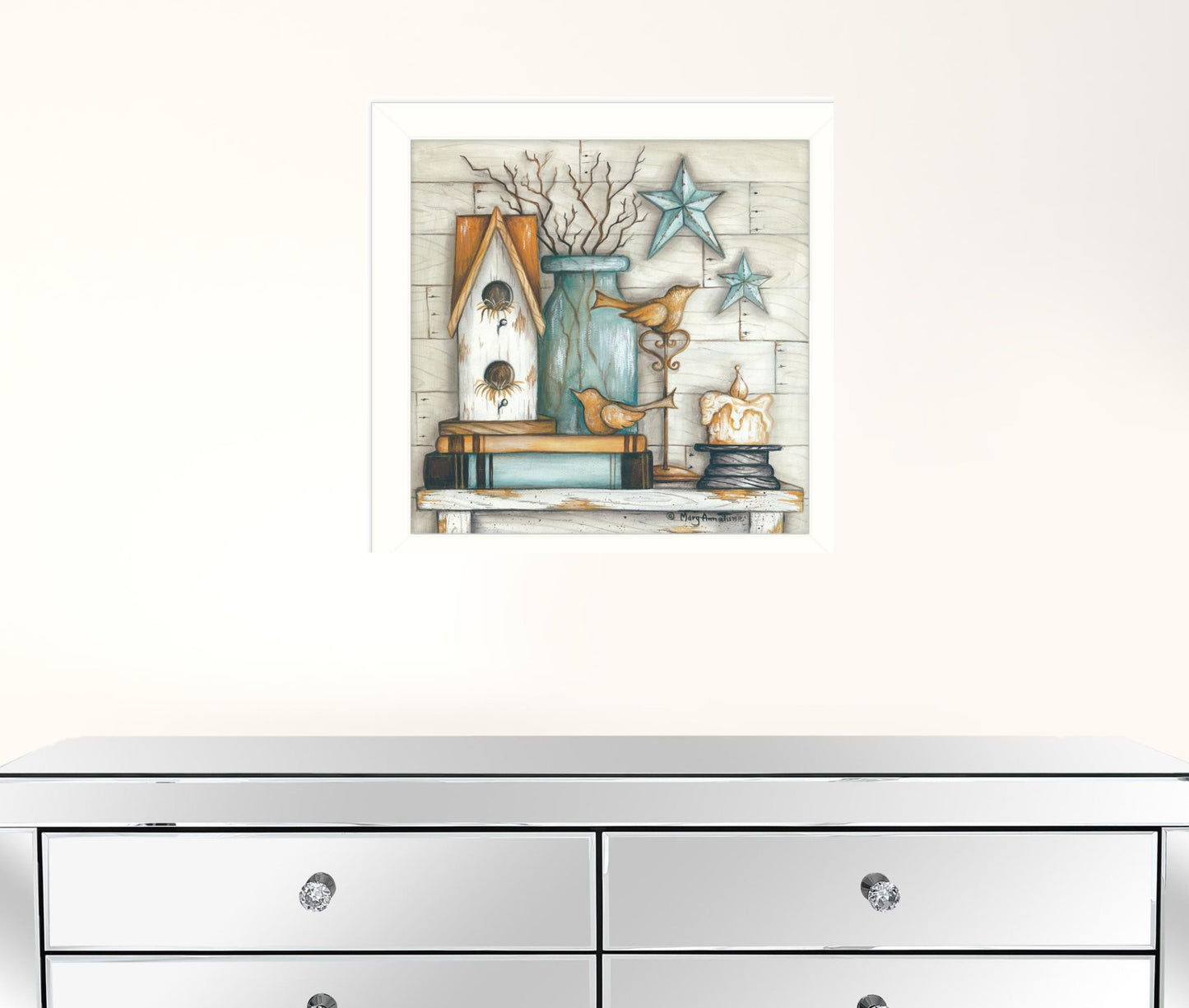 Birdhouse On Books 2 White Framed Print Wall Art