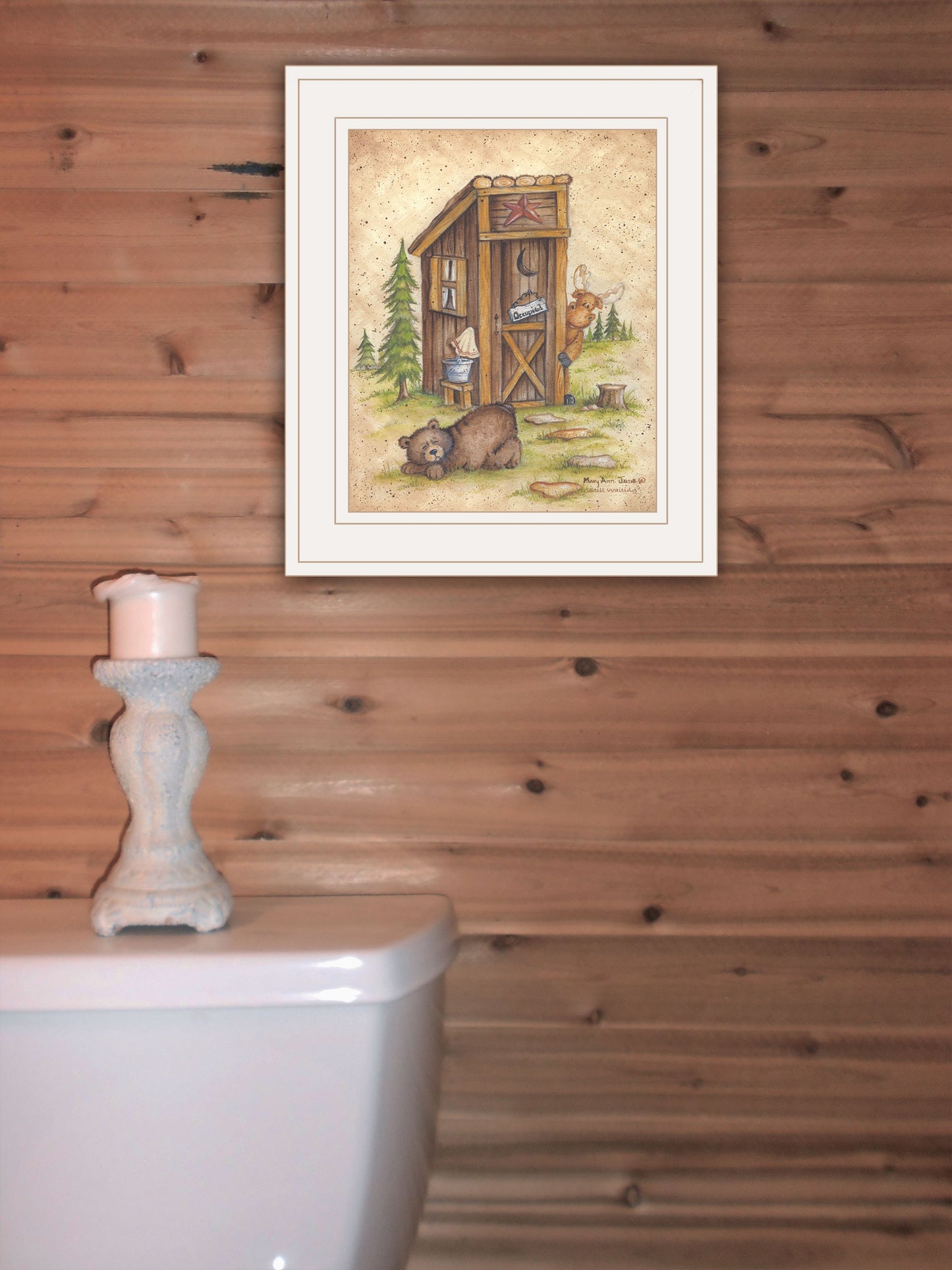 Still Waiting Bear and Moose Bathroom White Framed Print Wall Art