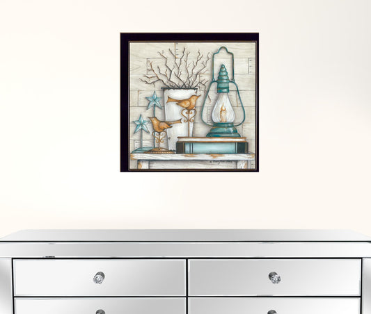 Lantern On Books 1 Black Framed Print Wall Art