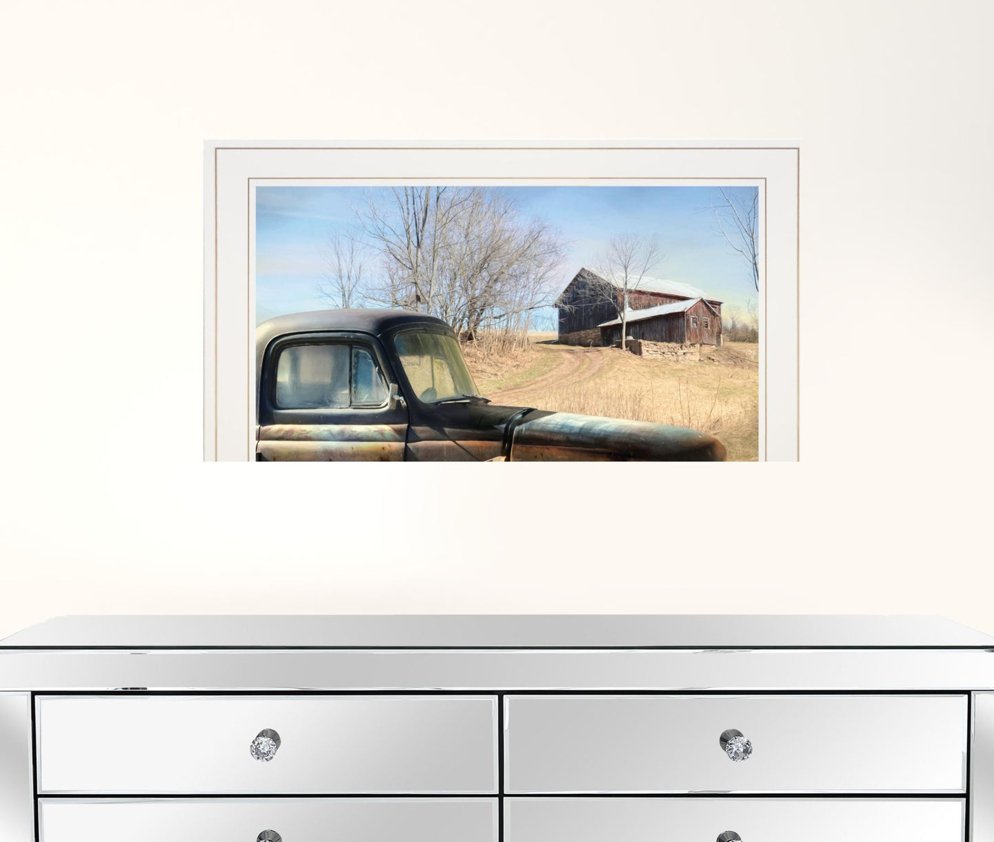 Vintage Farm Trucks 1 White Framed Print Wall Art