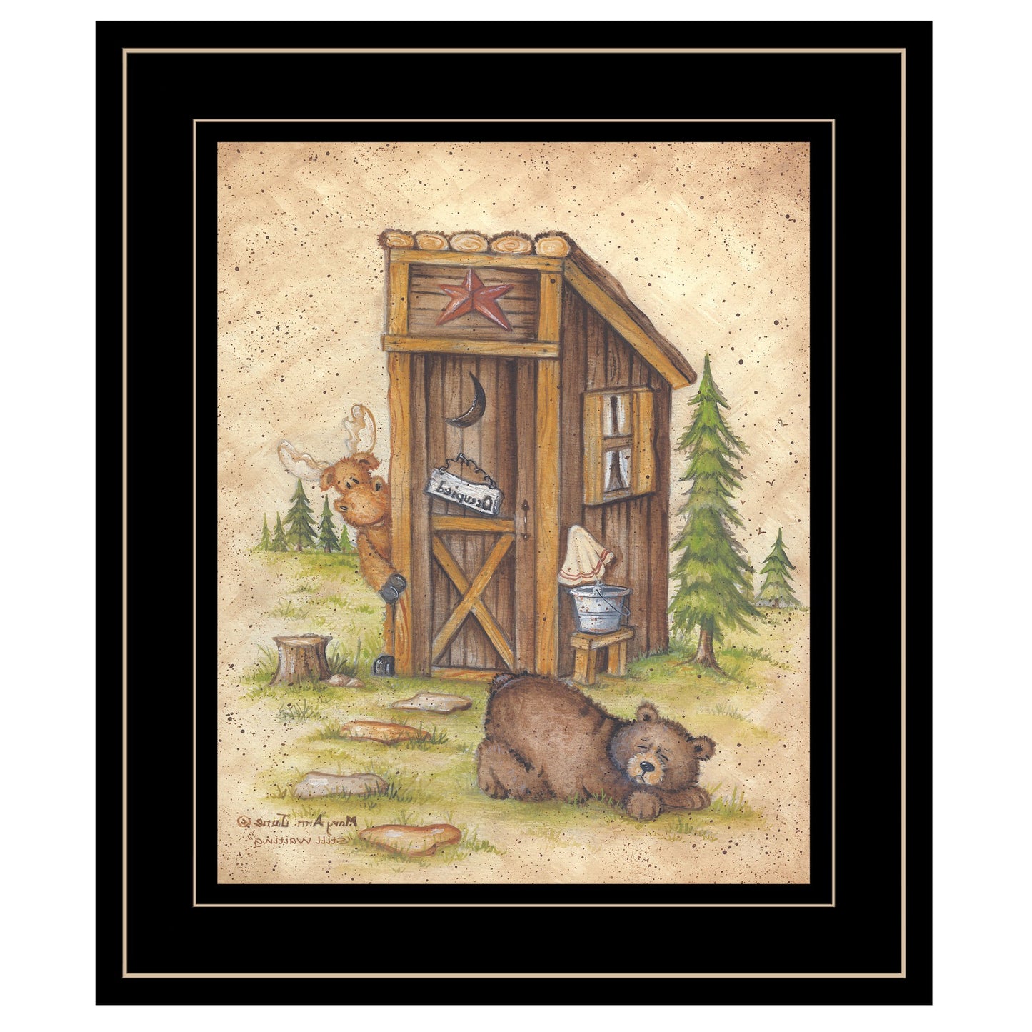 Still Waiting Bear and Moose Black Framed Print Bathroom Wall Art