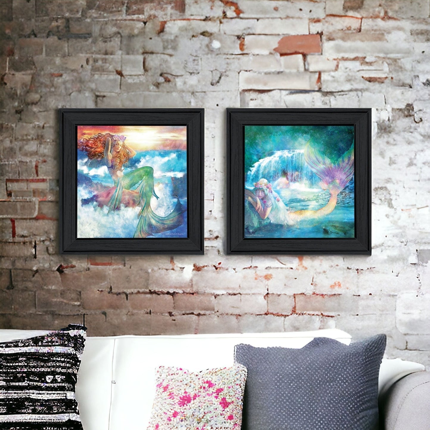 Set Of Two Mermaids 2 Black Framed Print Wall Art