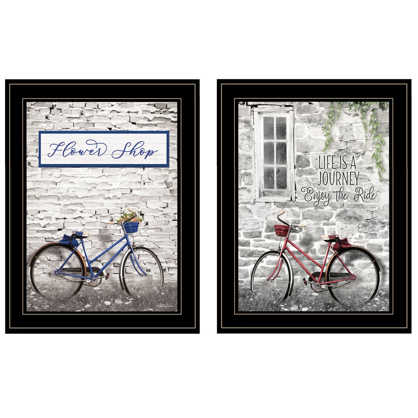 Set Of Two Romantic Bicycles 2 Black Framed Print Wall Art