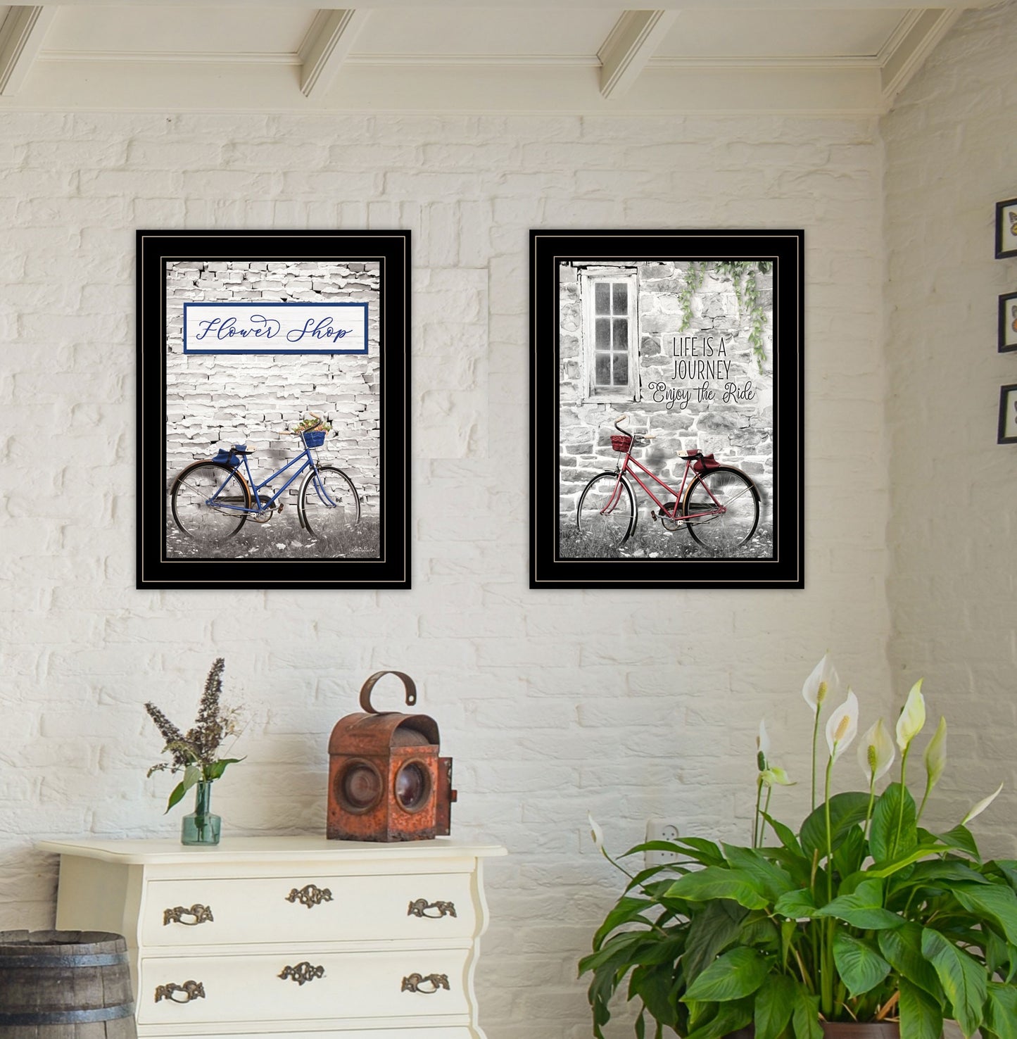 Set Of Two Romantic Bicycles 2 Black Framed Print Wall Art