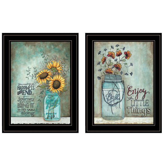 Set Of Two Enjoy The Little Things Or Happiness 2 Black Framed Print Wall Art