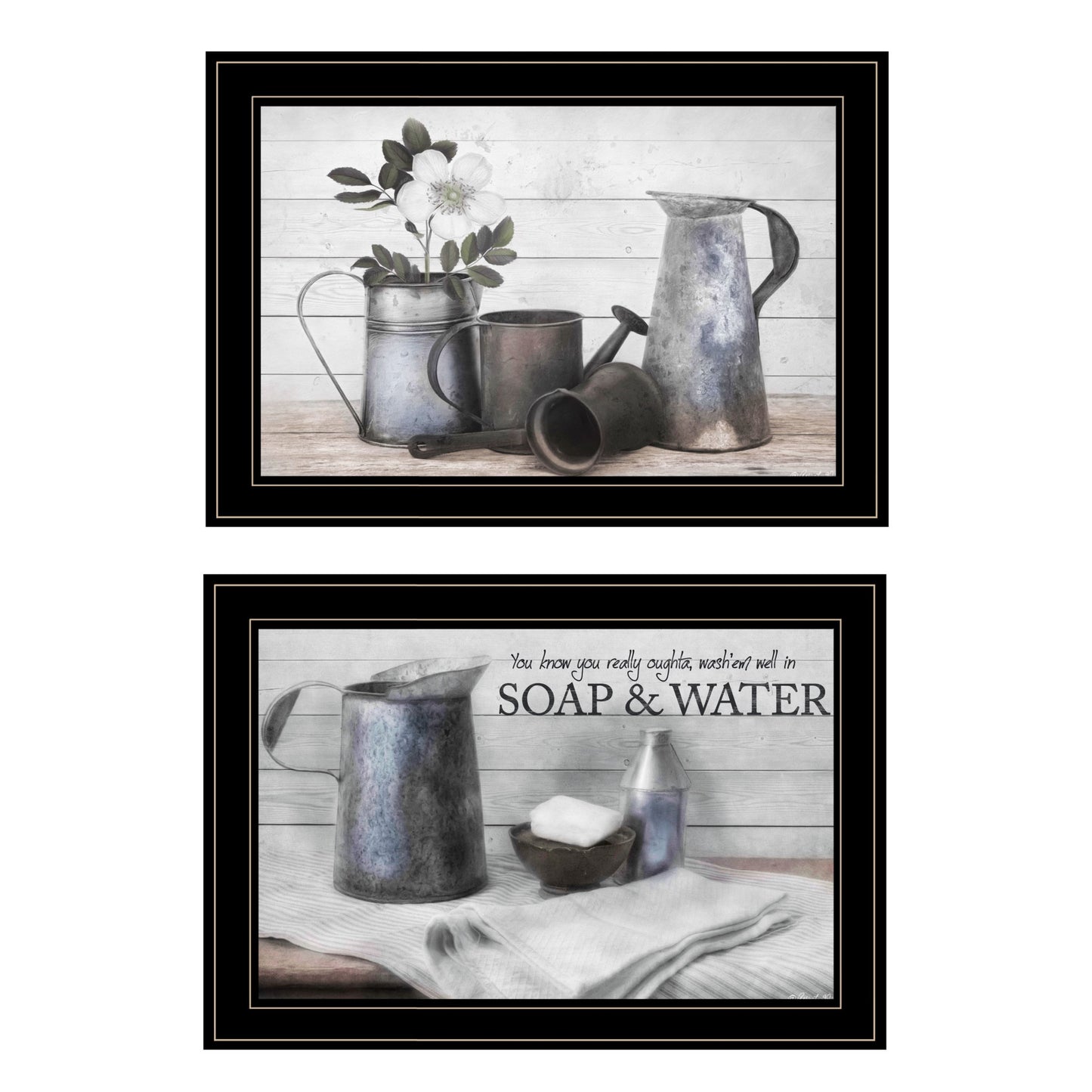 Set Of Two Soap Or Floral 2 Black Framed Print Bathroom Wall Art