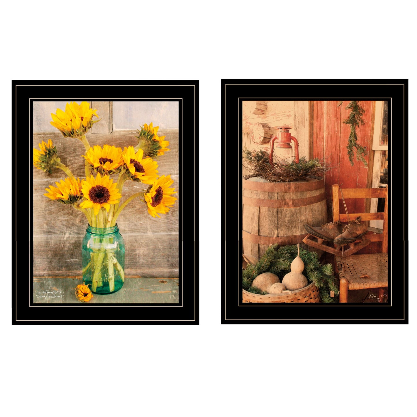 Set Of Two Vintage Country And Sunflowers 2 Black Framed Print Wall Art