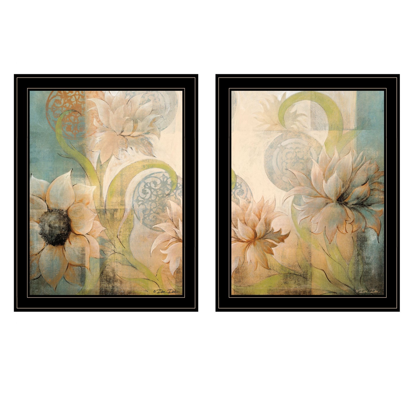 Set Of Two Meandering Flowers I And II 2 Black Framed Print Wall Art