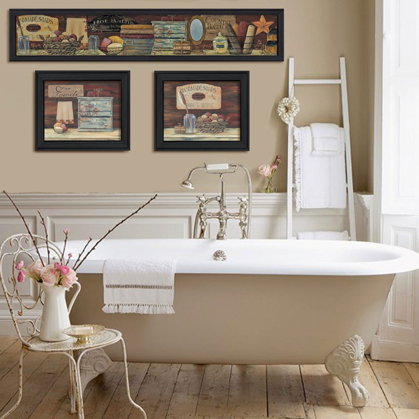 Set Of Three Country Bath Black Framed Print Bathroom Wall Art