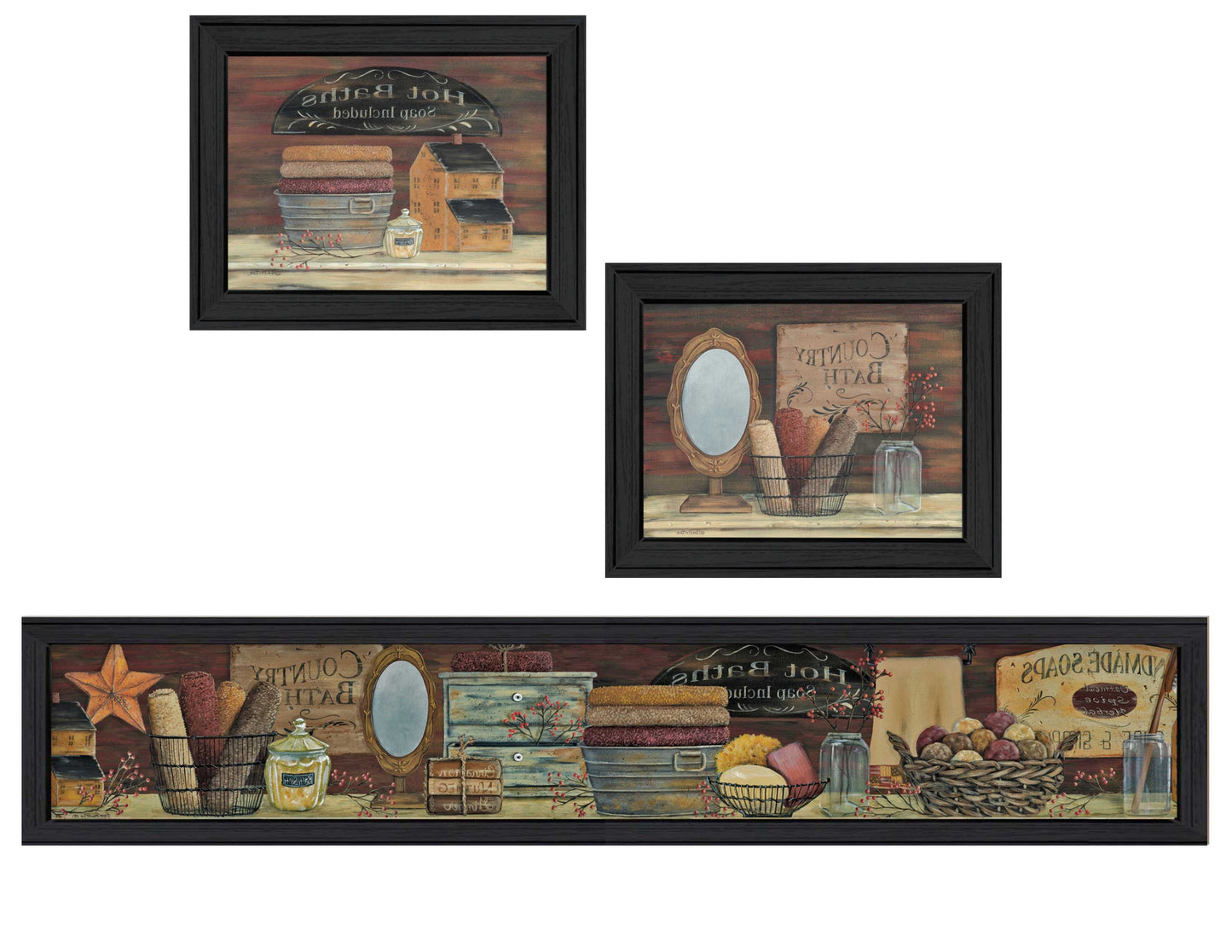 Set Of Three Country Bath Black Framed Print Bathroom Wall Art