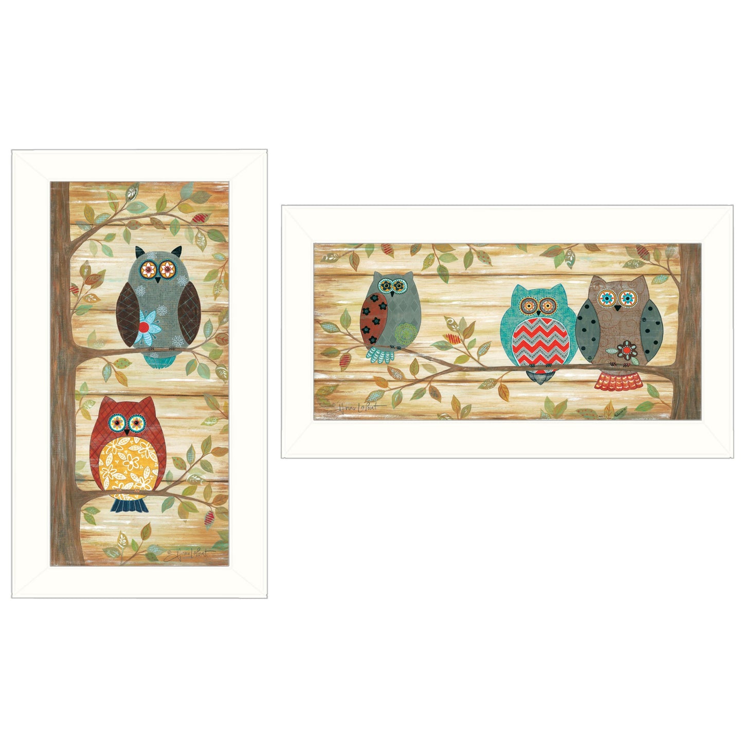 Set Of Two Whimsical Owls White Framed Print Wall Art