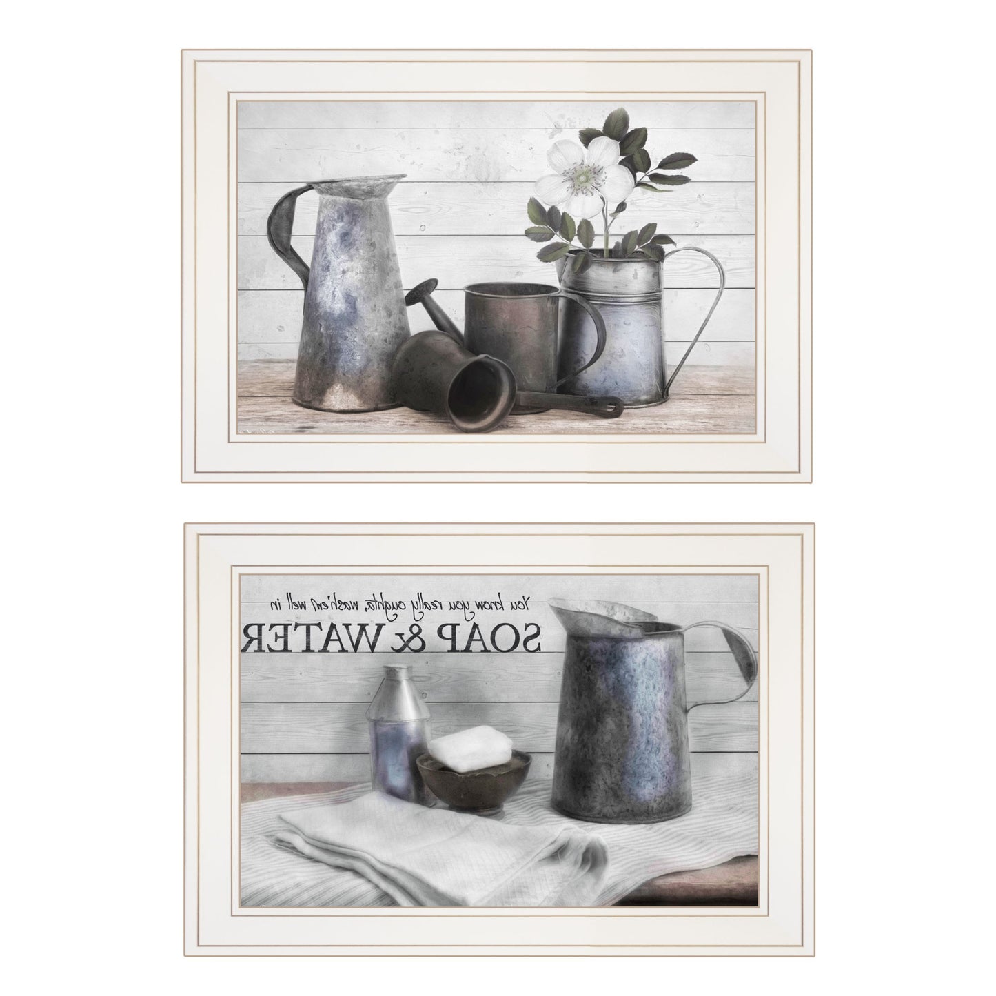 Set Of Two Soap Or Floral 1 White Framed Print Bathroom Wall Art